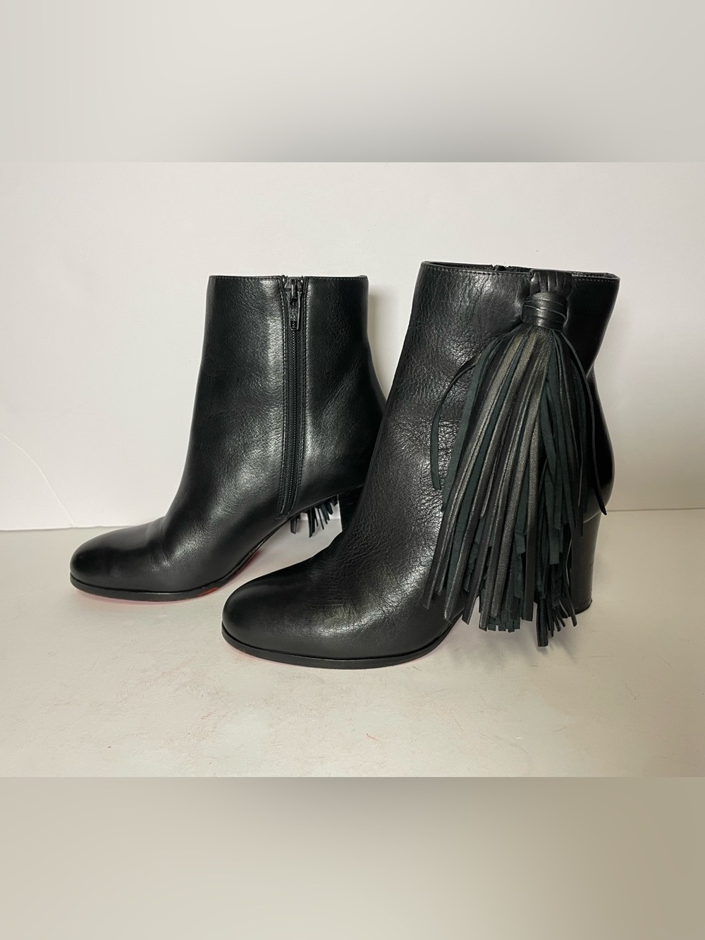 Christian Louboutin Black Leather Fringe Ankle Booties 35
